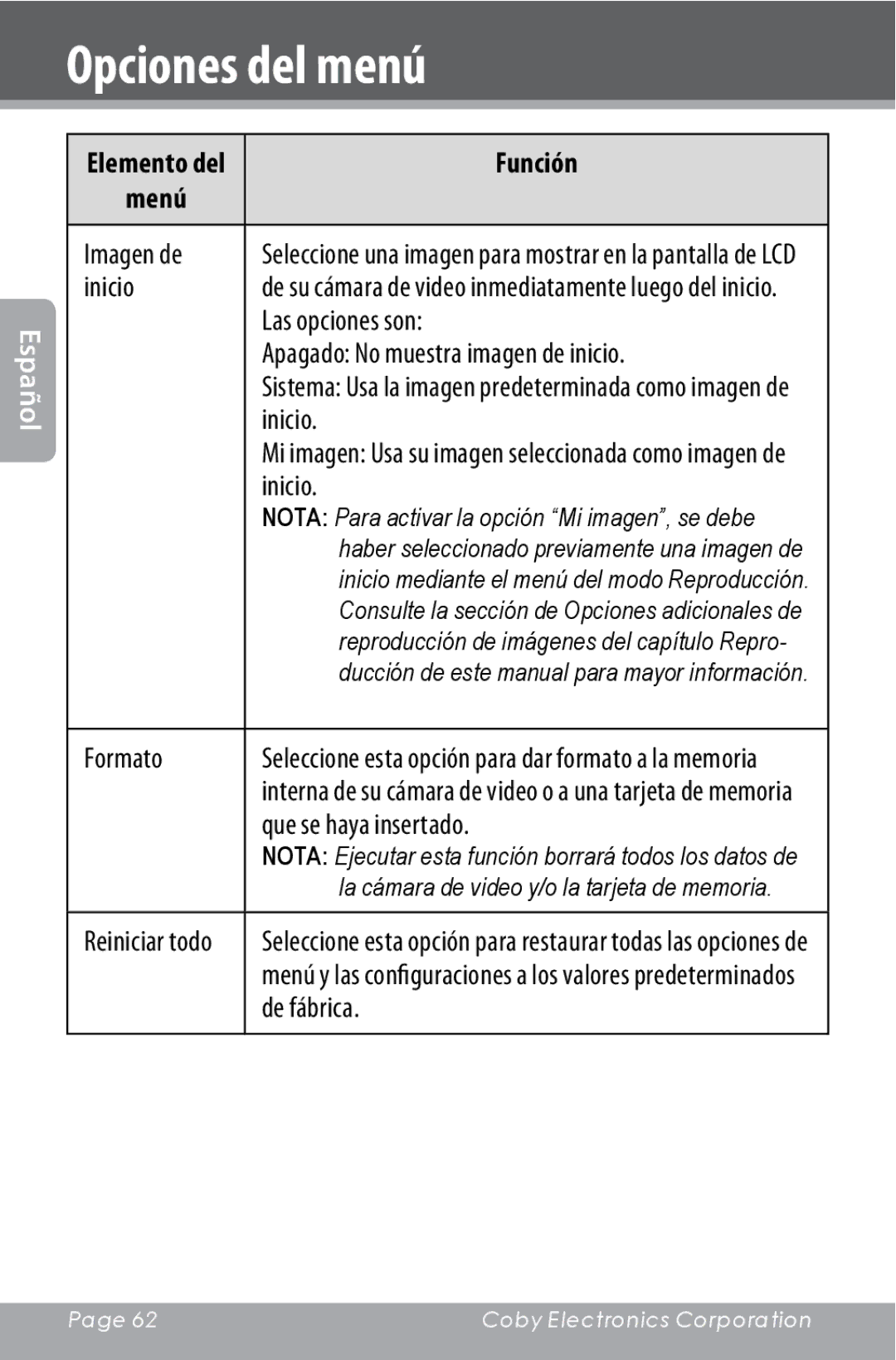 COBY electronic CAM4000 instruction manual Apagado No muestra imagen de inicio, Formato, Que se haya insertado, De fábrica 