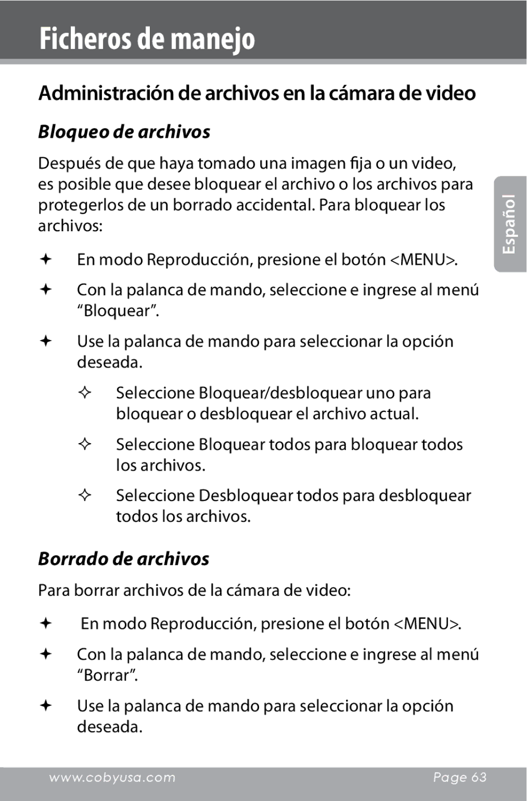 COBY electronic CAM4000 instruction manual Ficheros de manejo, Bloqueo de archivos, Borrado de archivos 