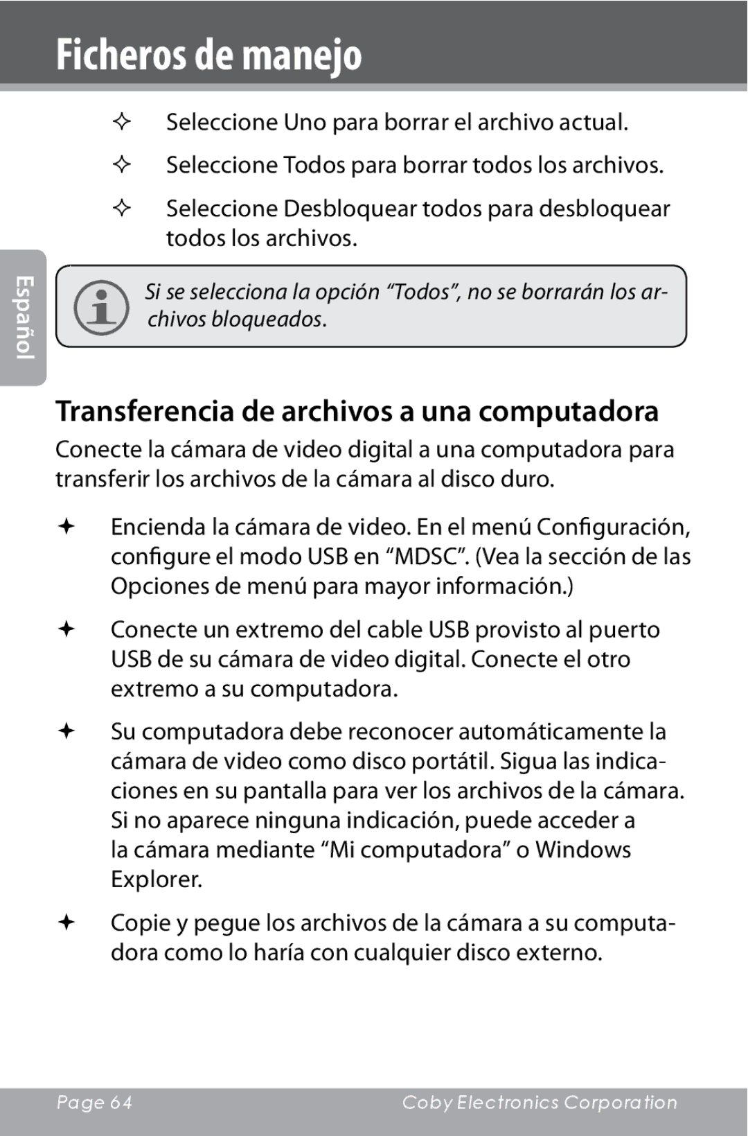 COBY electronic CAM4000 Transferencia de archivos a una computadora, La cámara mediante Mi computadora o Windows Explorer 