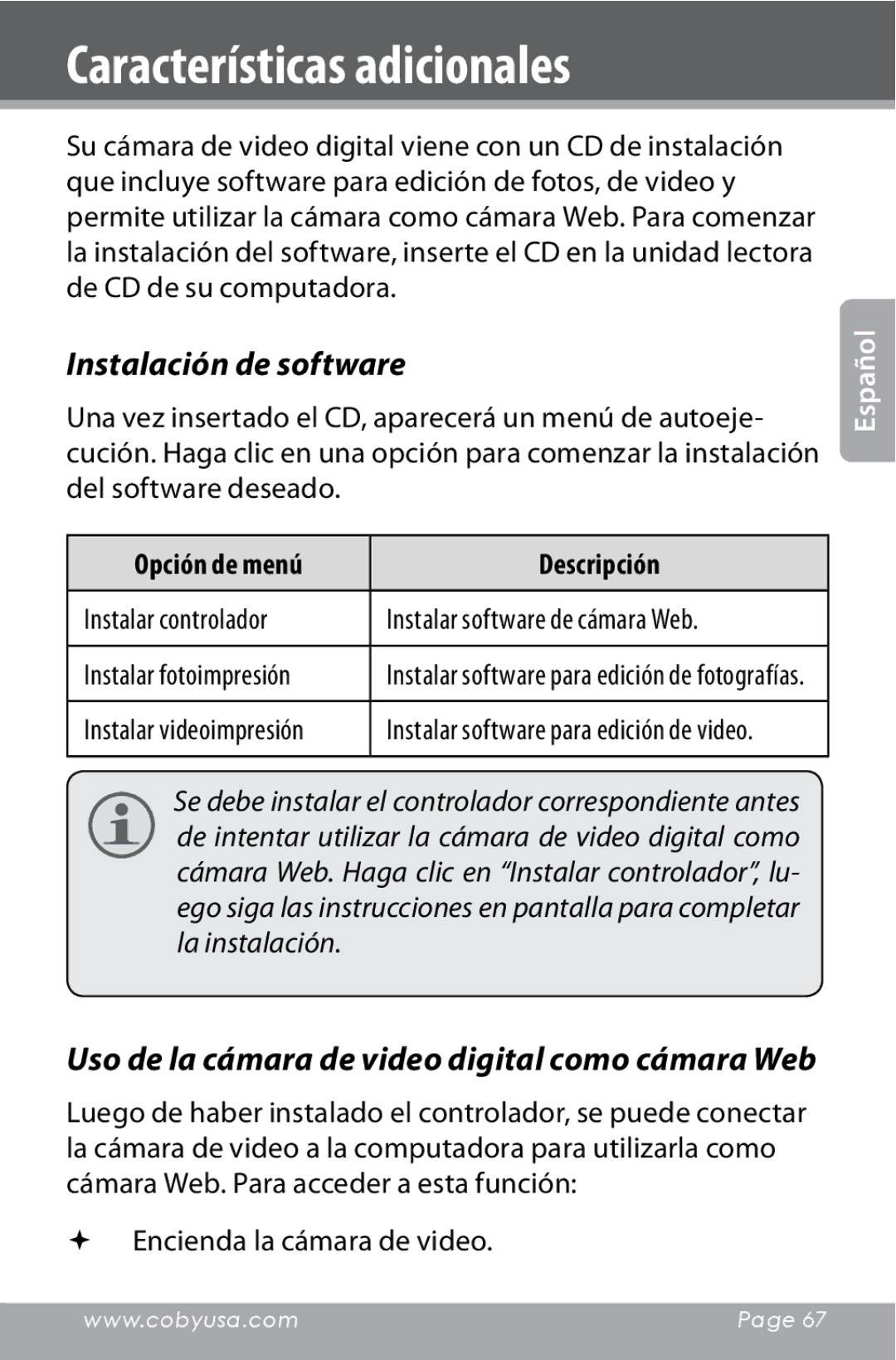 COBY electronic CAM4000 instruction manual Características adicionales, Instalación de software 