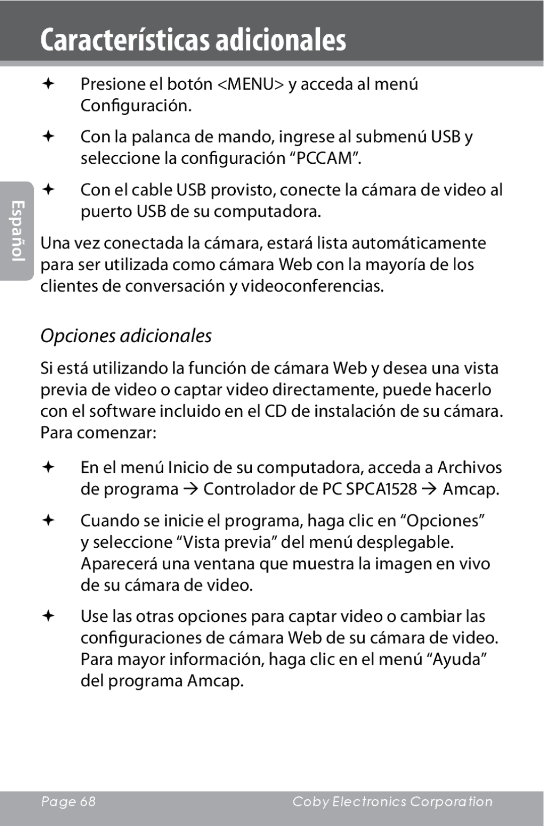 COBY electronic CAM4000 instruction manual Opciones adicionales 