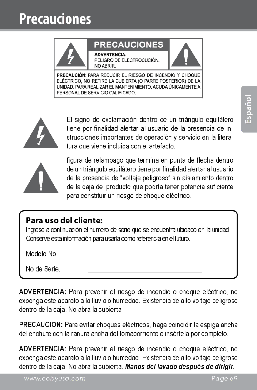 COBY electronic CAM4000 instruction manual Precauciones, Para uso del cliente 