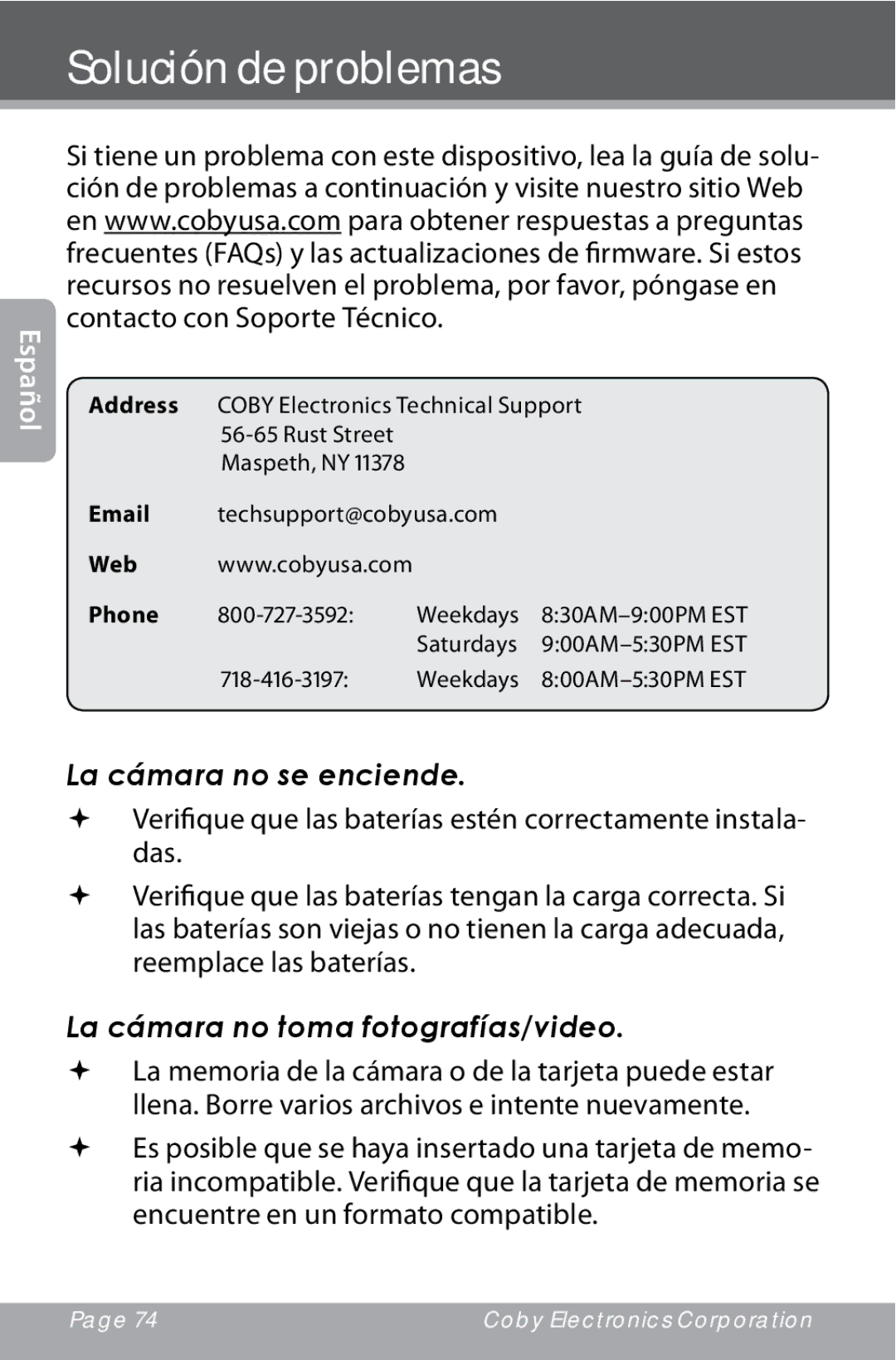 COBY electronic CAM4000 Solución de problemas, La cámara no se enciende, La cámara no toma fotografías/video 