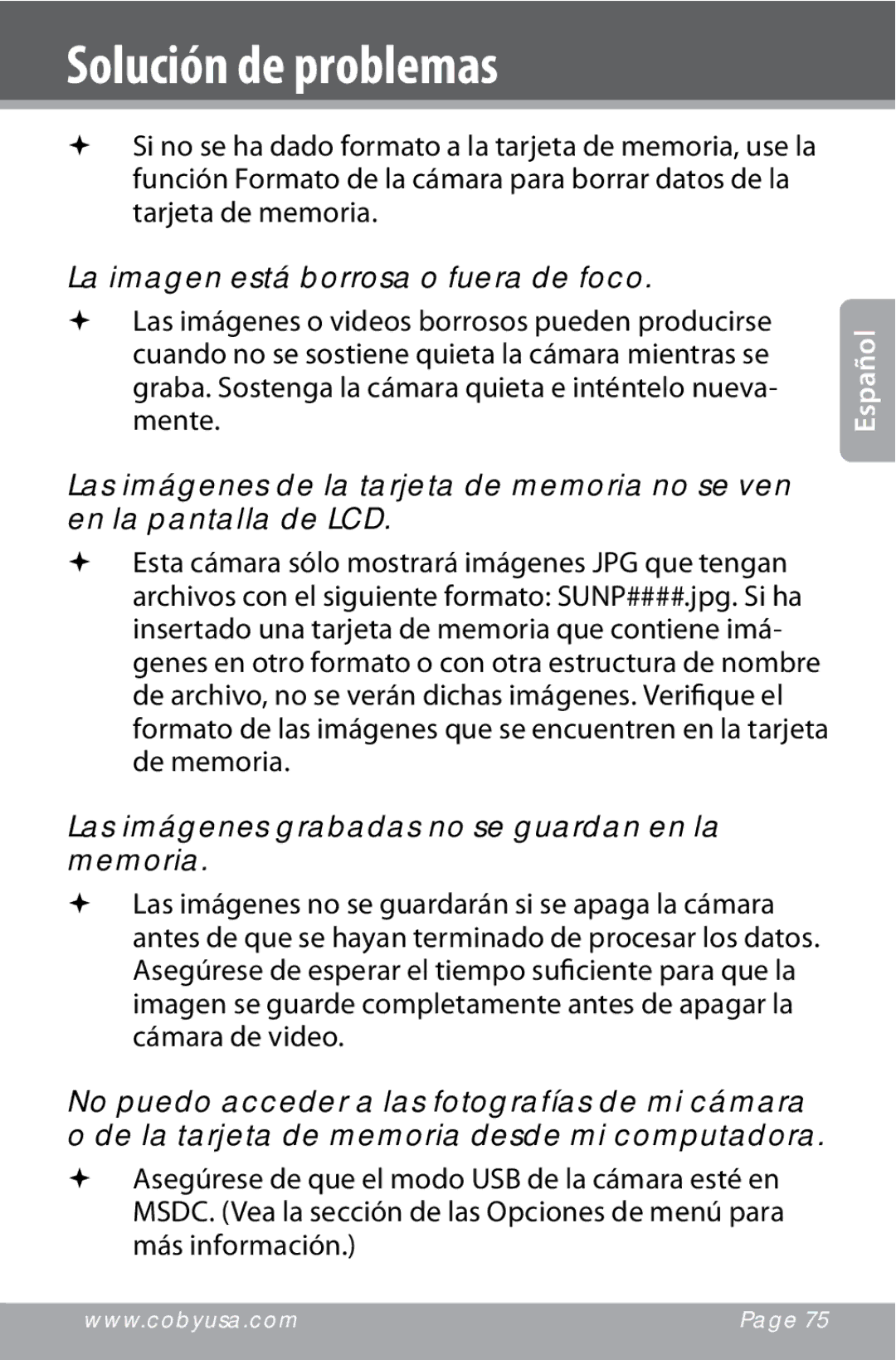 COBY electronic CAM4000 La imagen está borrosa o fuera de foco, Las imágenes grabadas no se guardan en la memoria 