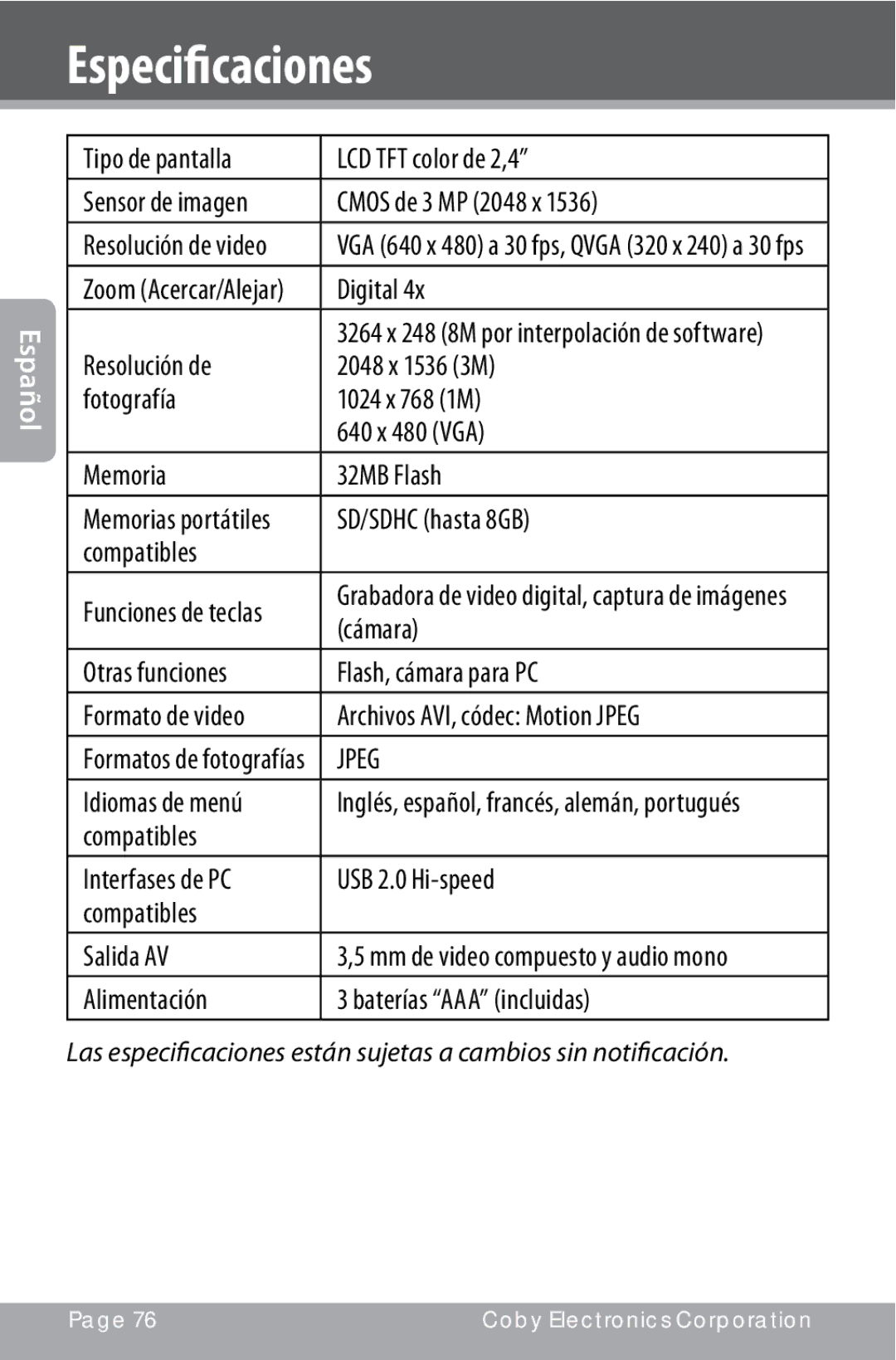 COBY electronic CAM4000 instruction manual Especificaciones 