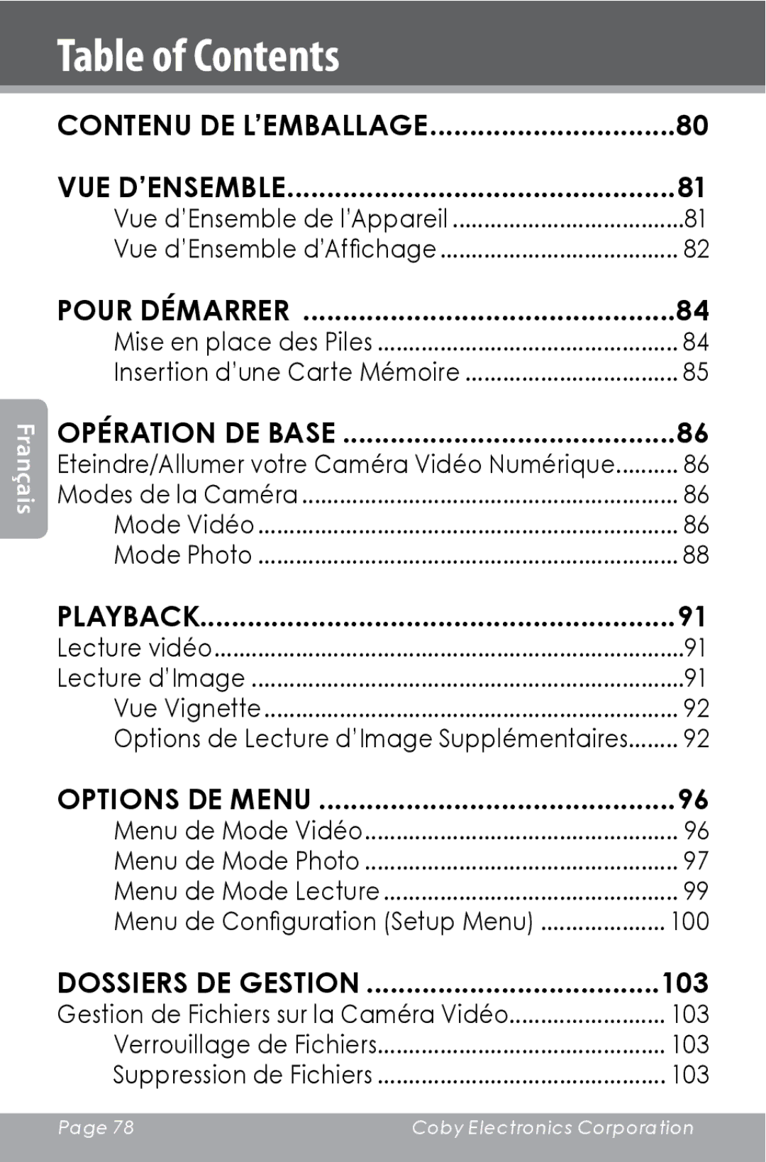 COBY electronic CAM4000 instruction manual Contenu de l’emballage Vue d’ensemble 