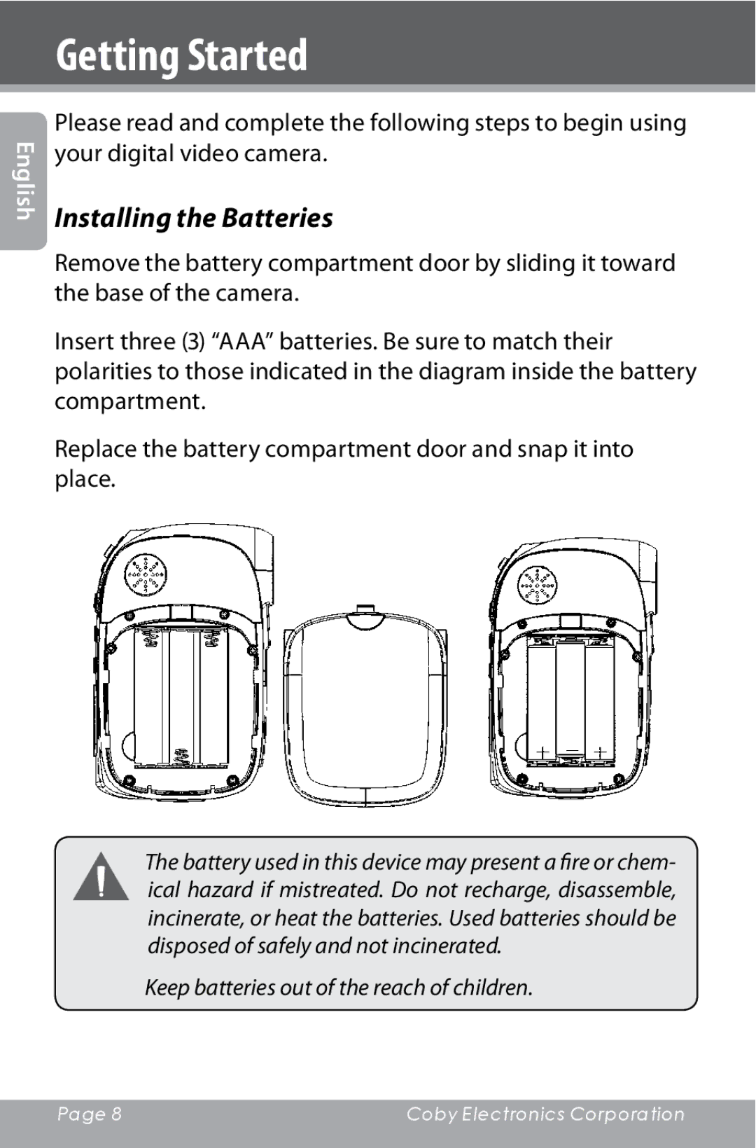 COBY electronic CAM4000 instruction manual Getting Started, Installing the Batteries 