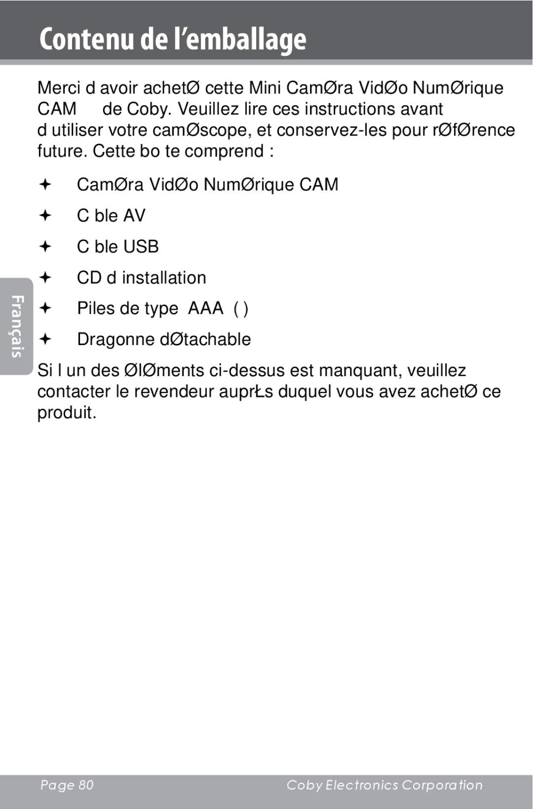 COBY electronic CAM4000 instruction manual Contenu de l’emballage 