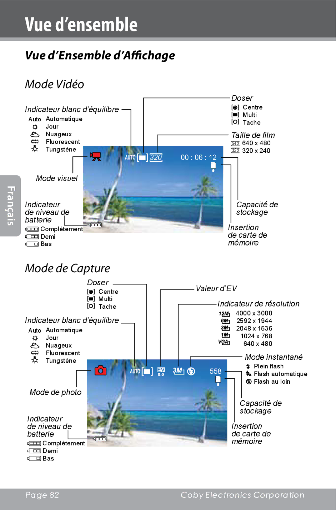 COBY electronic CAM4000 instruction manual Vue d’Ensemble d’Affichage, Mode Vidéo, Mode de Capture 