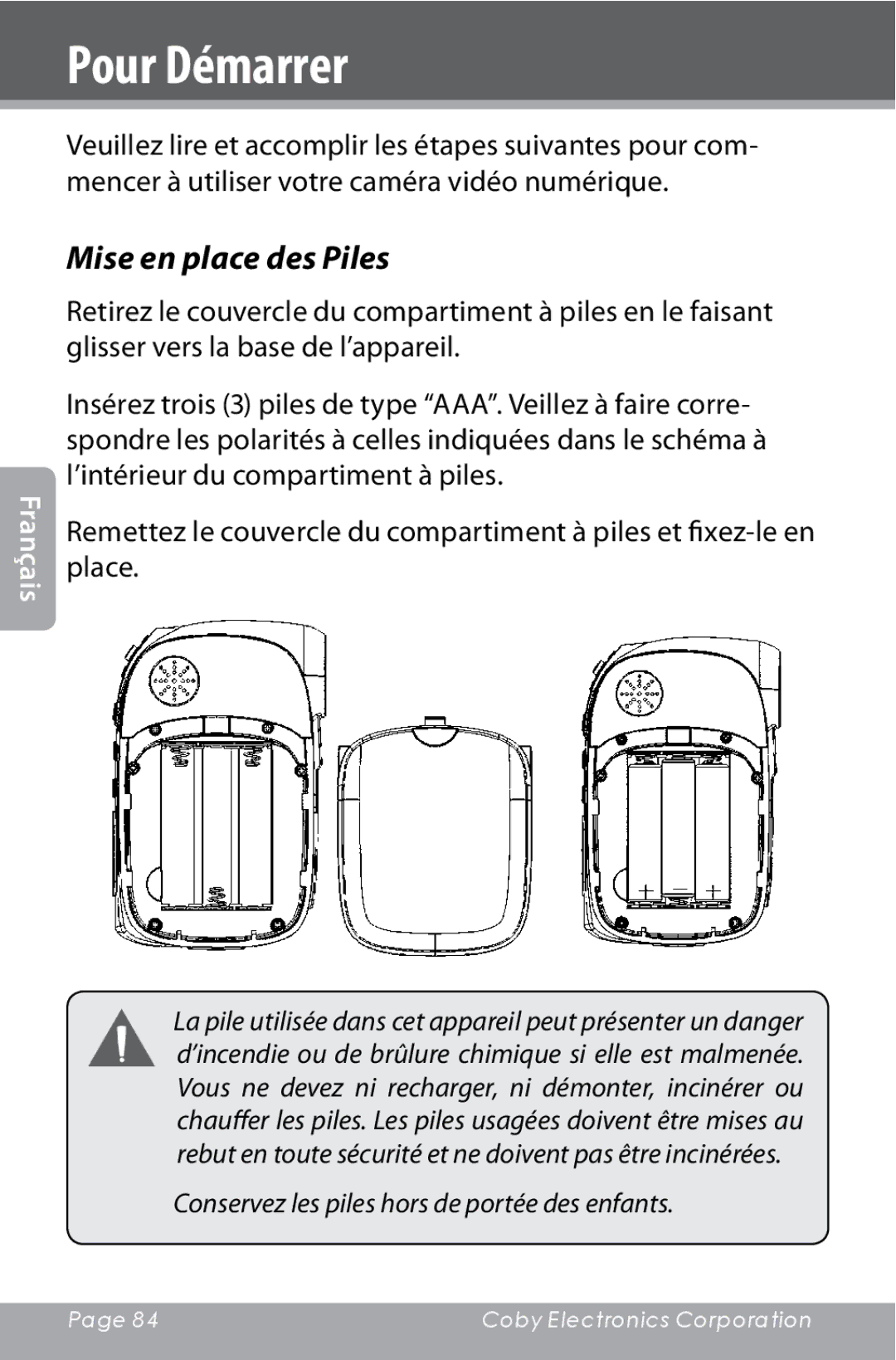 COBY electronic CAM4000 instruction manual Pour Démarrer, Mise en place des Piles 