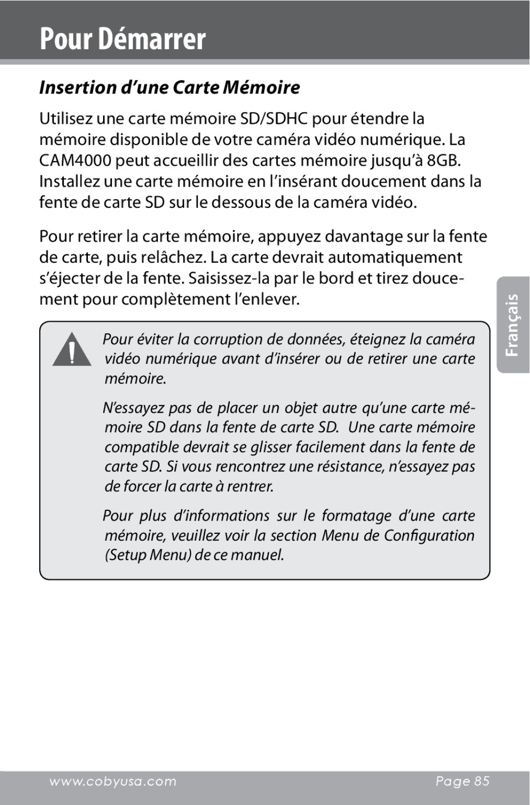 COBY electronic CAM4000 instruction manual Insertion d’une Carte Mémoire 