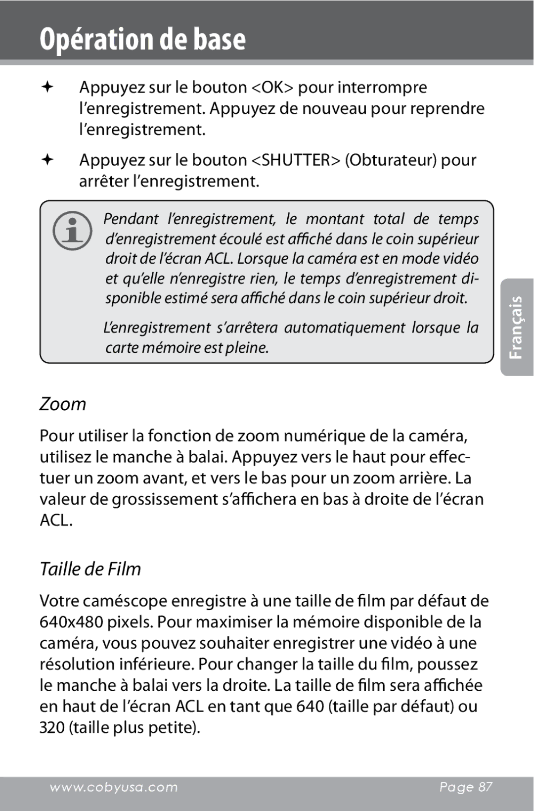 COBY electronic CAM4000 instruction manual Zoom, Taille de Film 