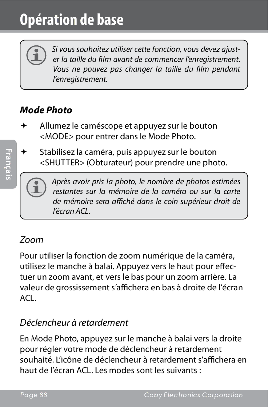 COBY electronic CAM4000 instruction manual Mode Photo, Déclencheur à retardement 