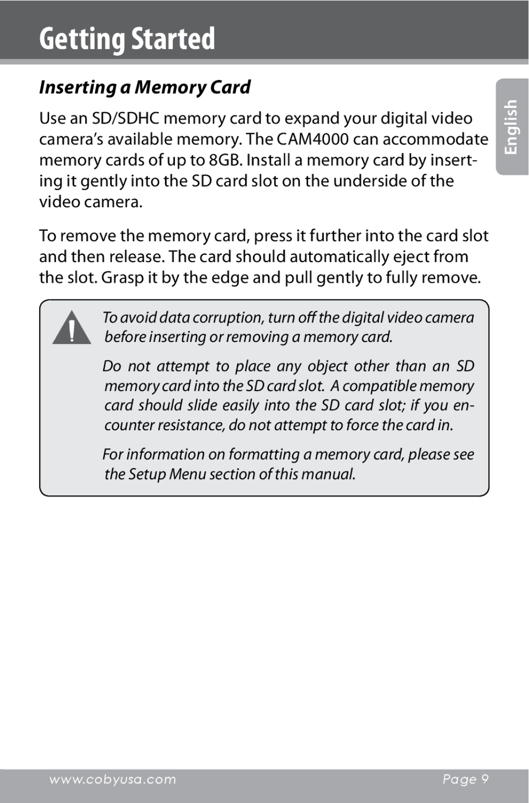 COBY electronic CAM4000 instruction manual Inserting a Memory Card 