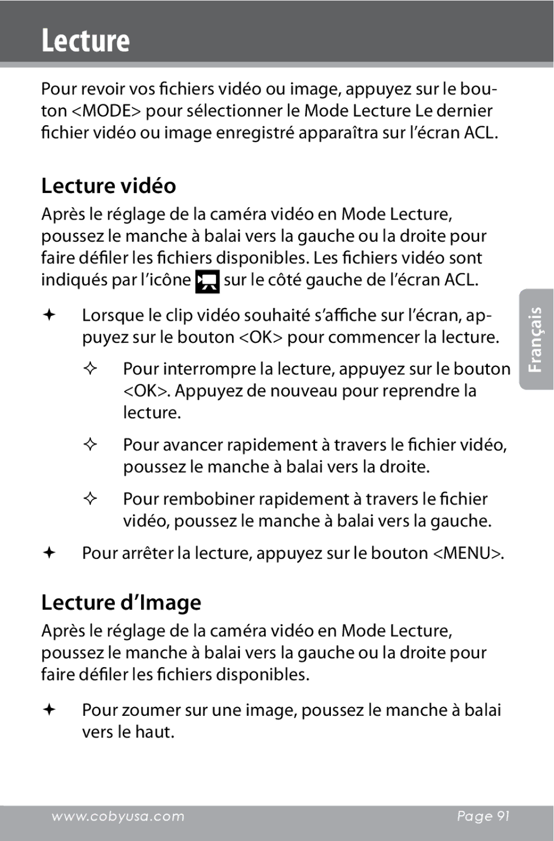 COBY electronic CAM4000 Lecture vidéo, Lecture d’Image,  Pour arrêter la lecture, appuyez sur le bouton Menu 