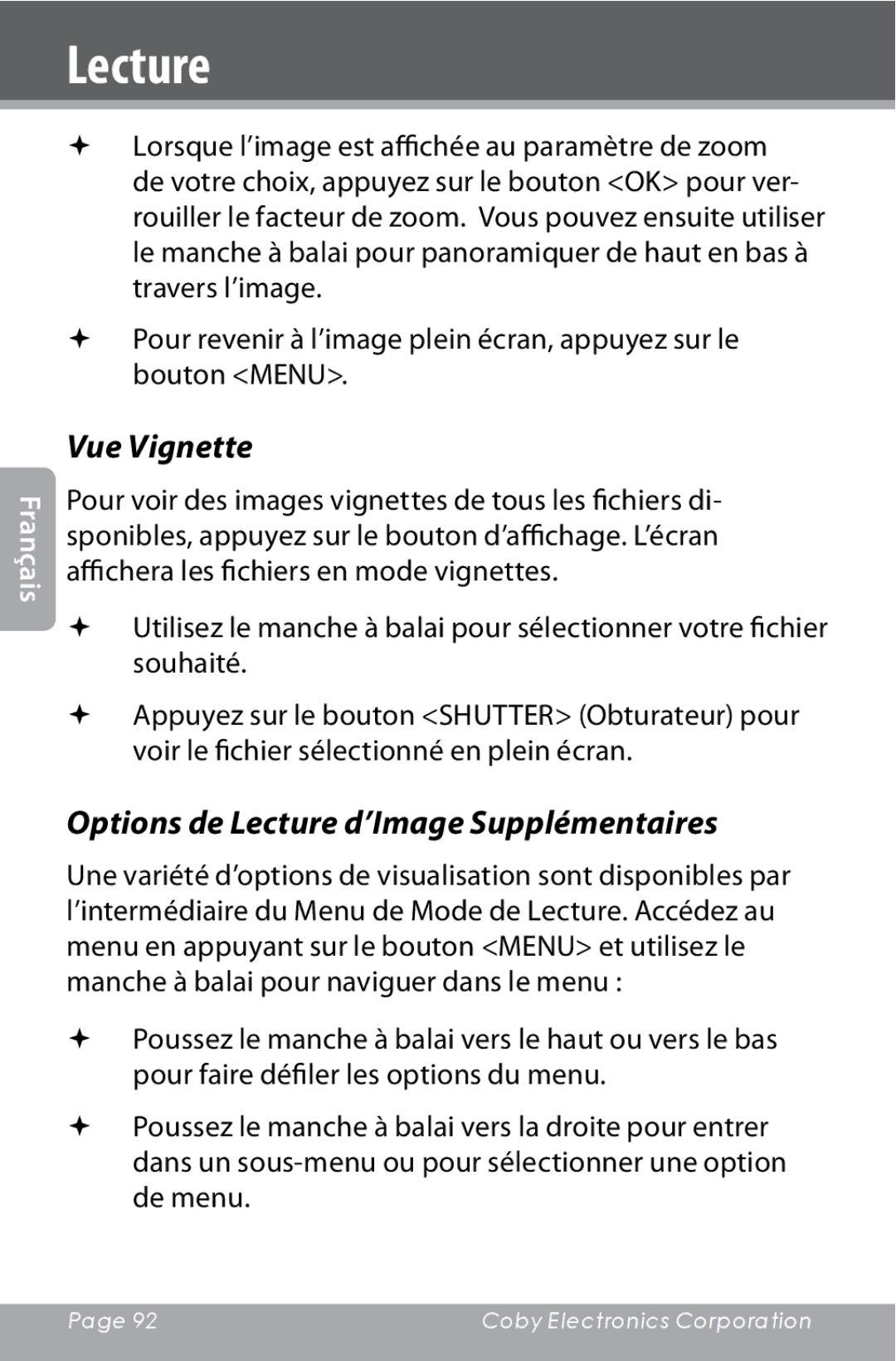 COBY electronic CAM4000 instruction manual Vue Vignette, Options de Lecture d’Image Supplémentaires 