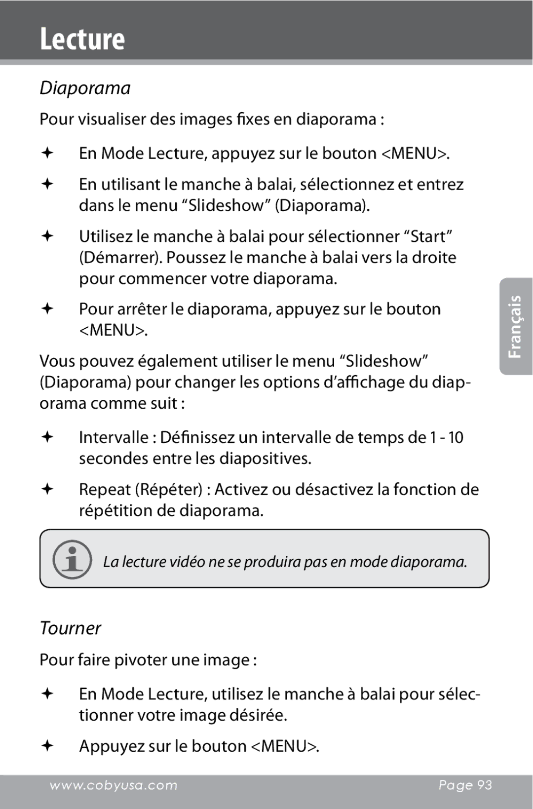 COBY electronic CAM4000 instruction manual Diaporama, Tourner 