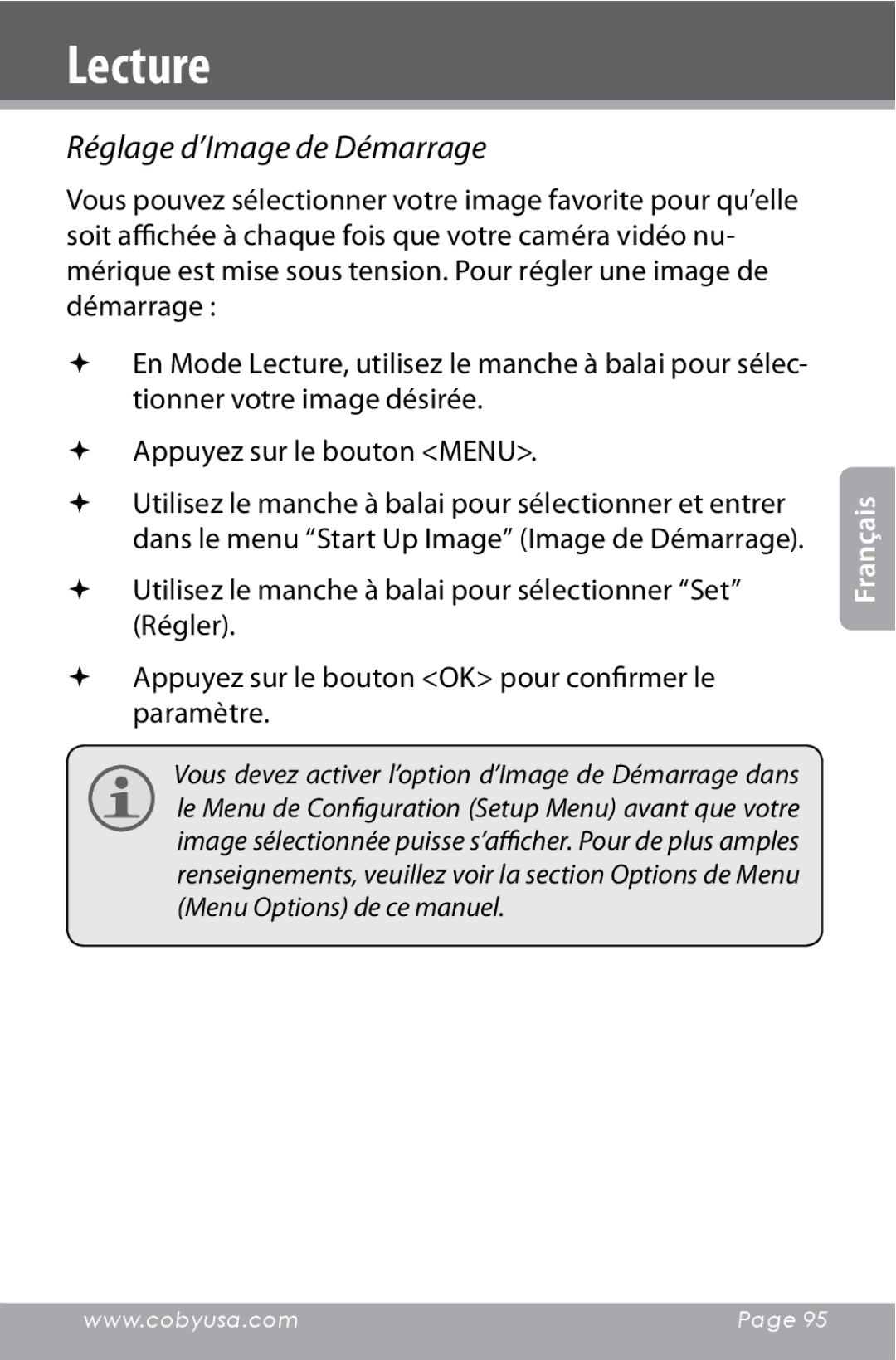 COBY electronic CAM4000 instruction manual Réglage d’Image de Démarrage 