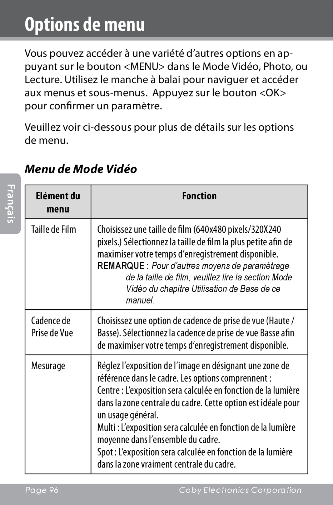 COBY electronic CAM4000 instruction manual Options de menu, Menu de Mode Vidéo, Fonction 