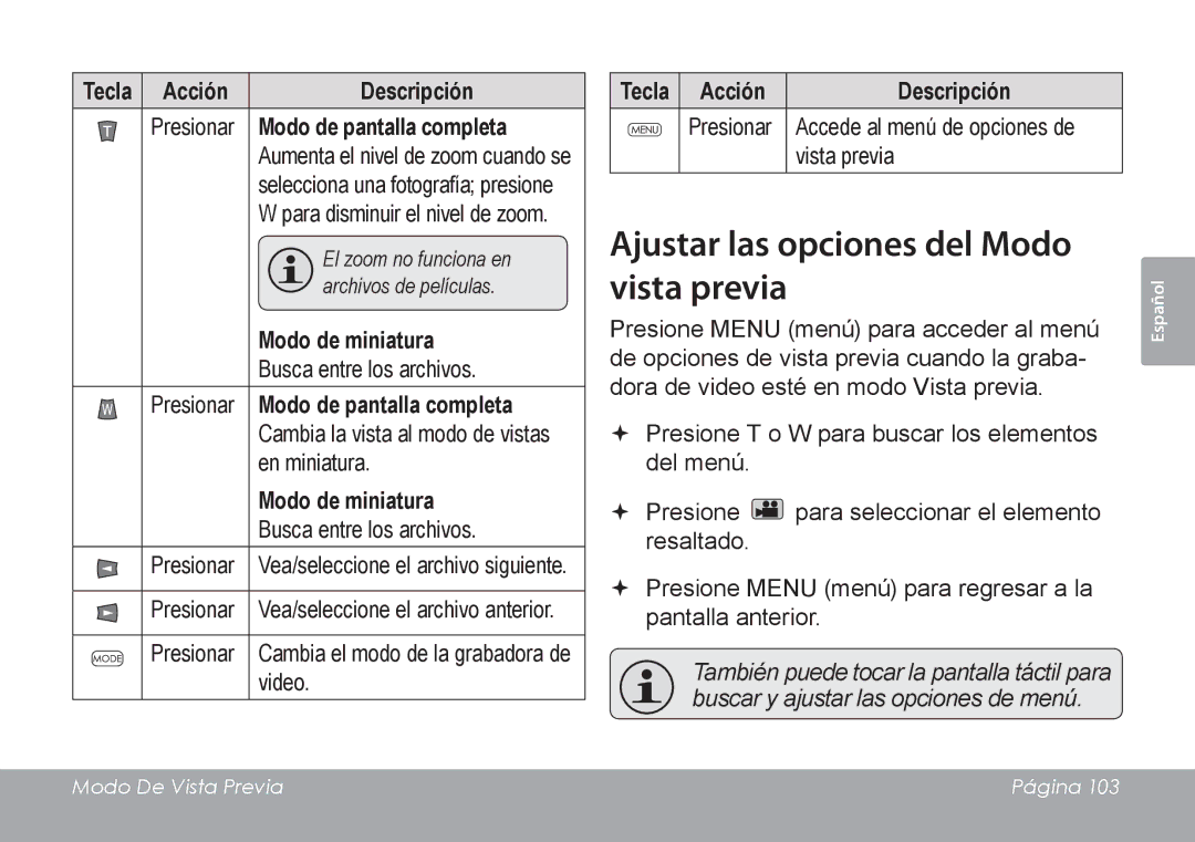 COBY electronic CAM4505 instruction manual Ajustar las opciones del Modo vista previa 