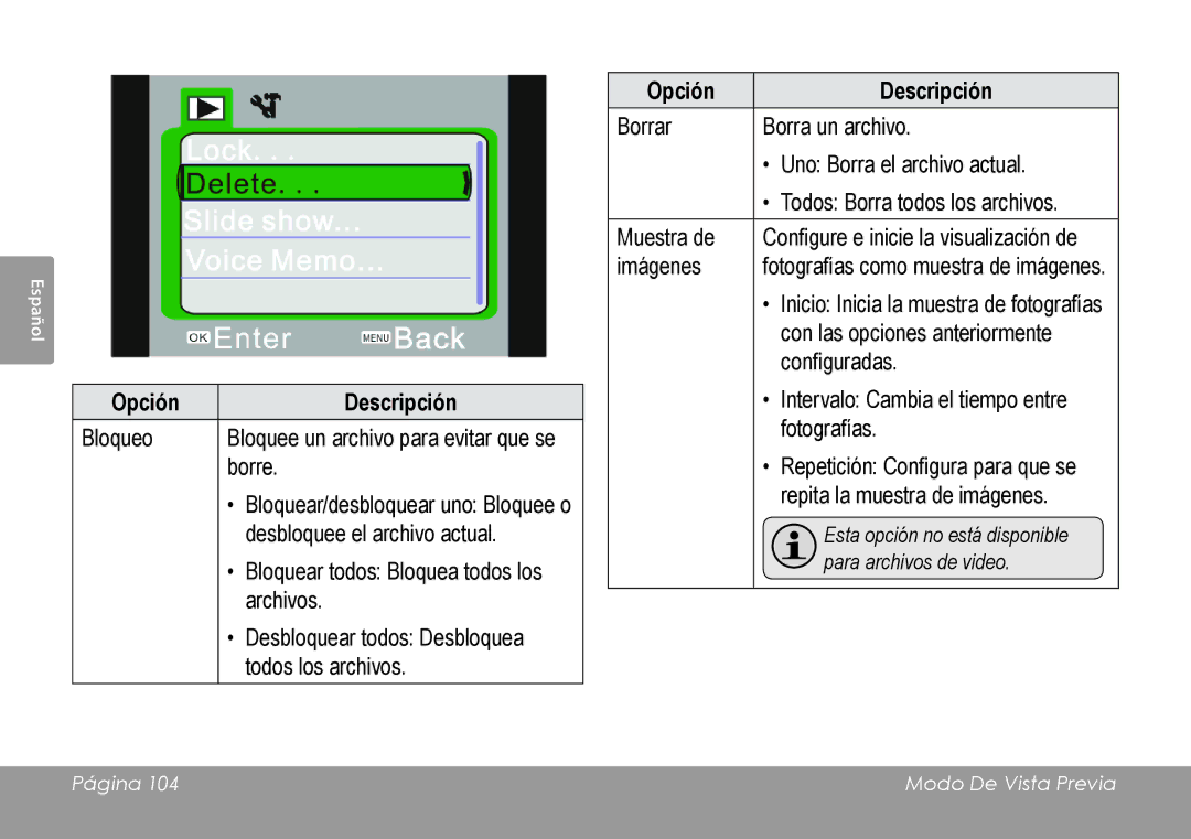 COBY electronic CAM4505 instruction manual Bloqueo Bloquee un archivo para evitar que se Borre 