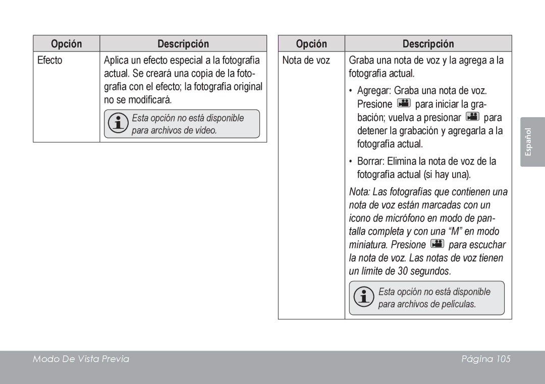 COBY electronic CAM4505 instruction manual Esta opción no está disponible para archivos de películas 