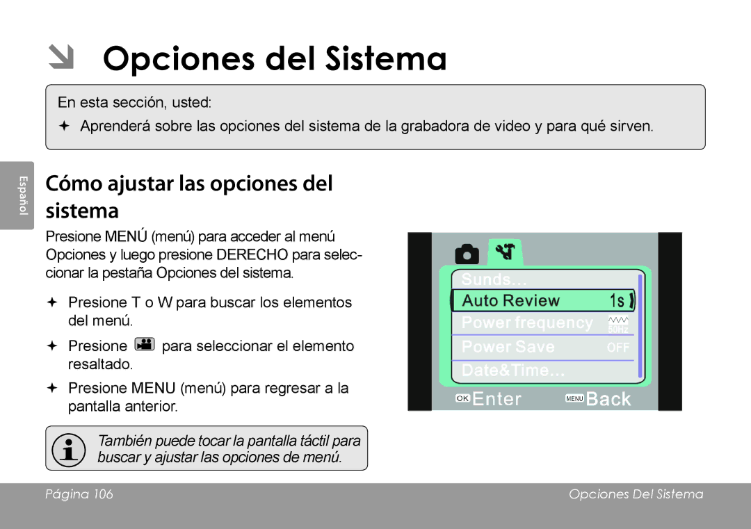 COBY electronic CAM4505 instruction manual ÂÂ Opciones del Sistema, Cómo ajustar las opciones del sistema 