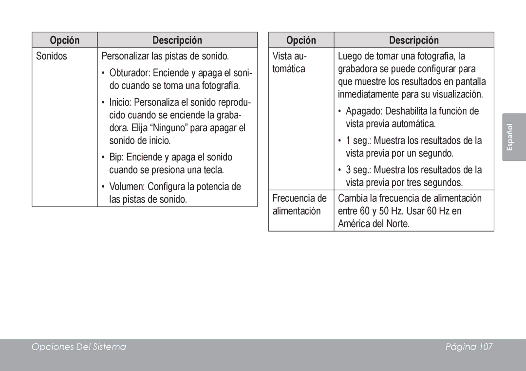 COBY electronic CAM4505 instruction manual Opciones Del Sistema Página 