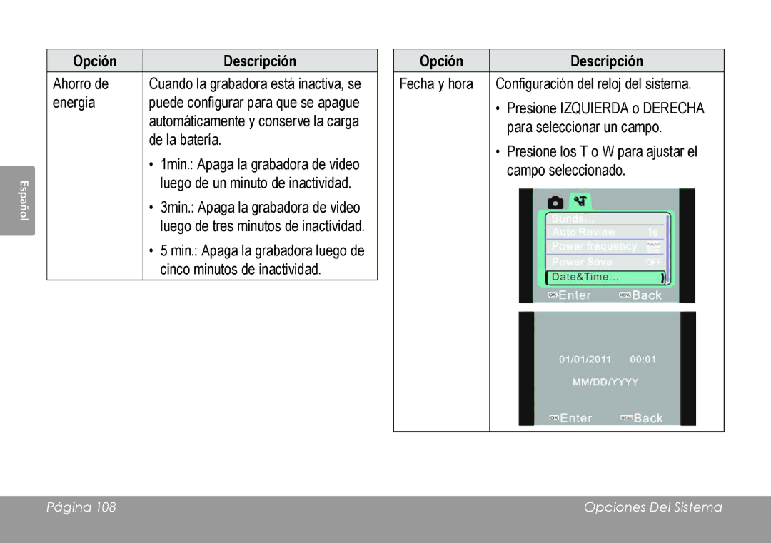 COBY electronic CAM4505 instruction manual Fecha y hora Configuración del reloj del sistema 