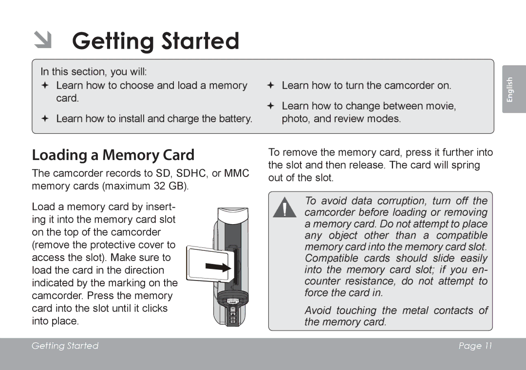 COBY electronic CAM4505 instruction manual ÂÂ Getting Started, Loading a Memory Card 