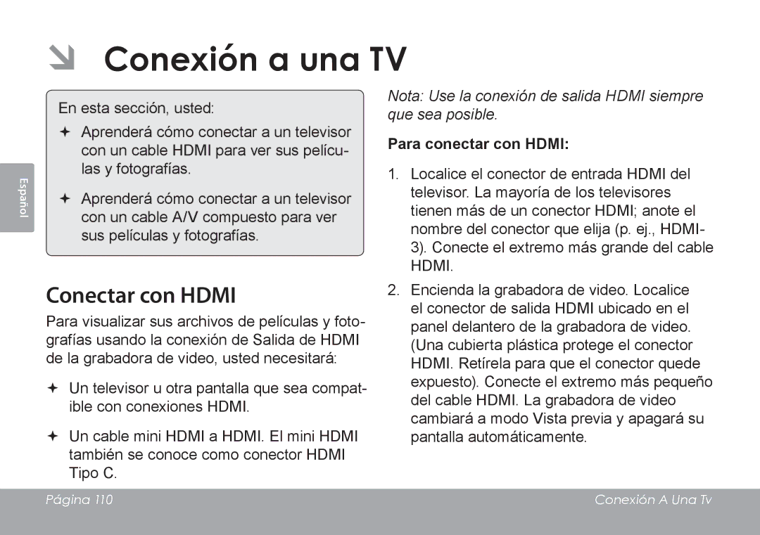 COBY electronic CAM4505 instruction manual ÂÂ Conexión a una TV, Conectar con Hdmi, Para conectar con Hdmi 