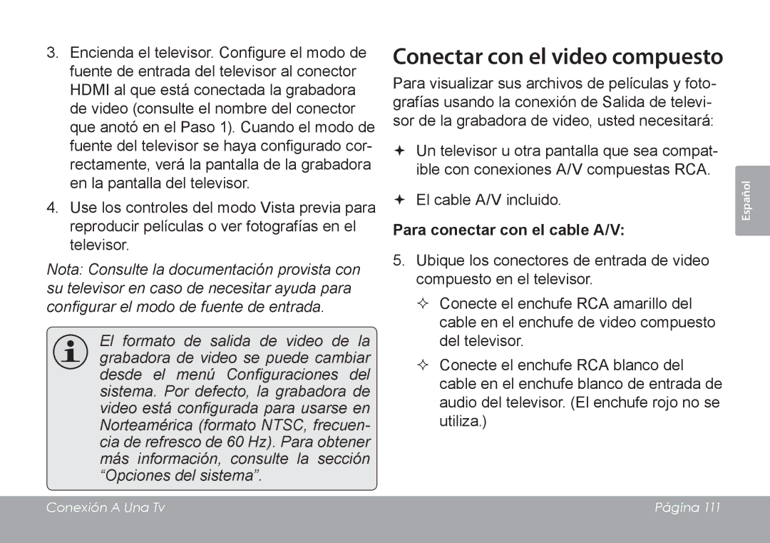 COBY electronic CAM4505 instruction manual Conectar con el video compuesto, Para conectar con el cable A/V 