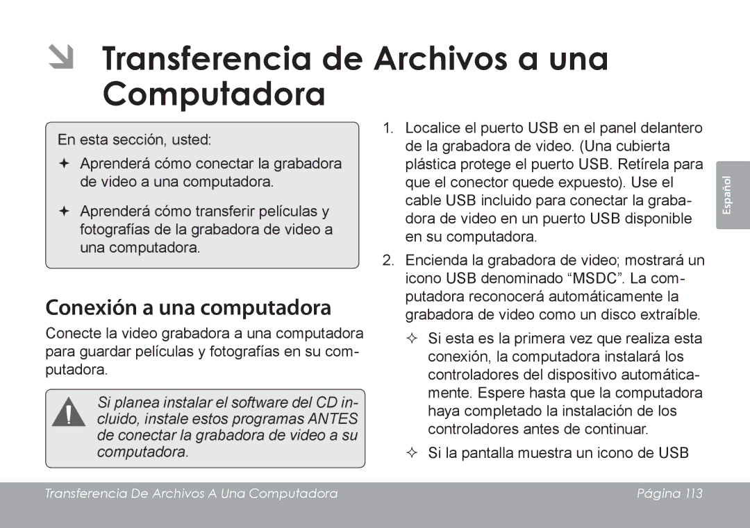 COBY electronic CAM4505 instruction manual ÂÂ Transferencia de Archivos a una Computadora, Conexión a una computadora 