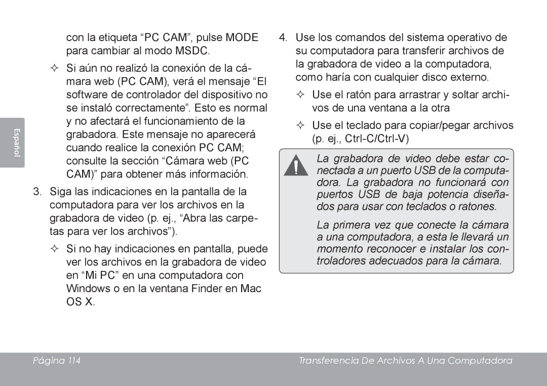 COBY electronic CAM4505 instruction manual Página Transferencia De Archivos a Una Computadora 