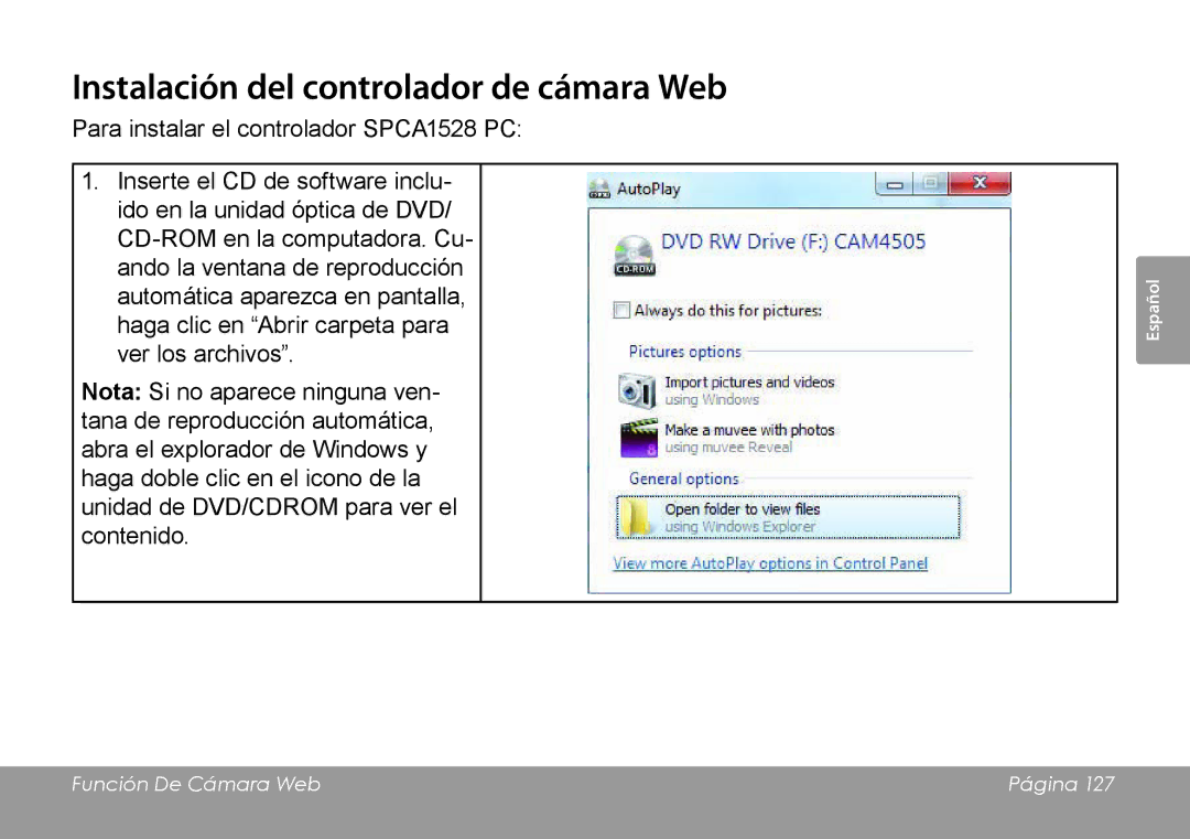 COBY electronic CAM4505 instruction manual Instalación del controlador de cámara Web 