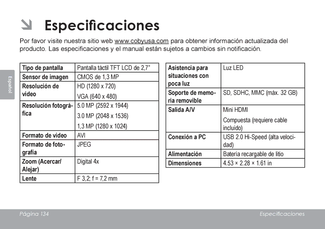 COBY electronic CAM4505 instruction manual ÂÂ Especificaciones 