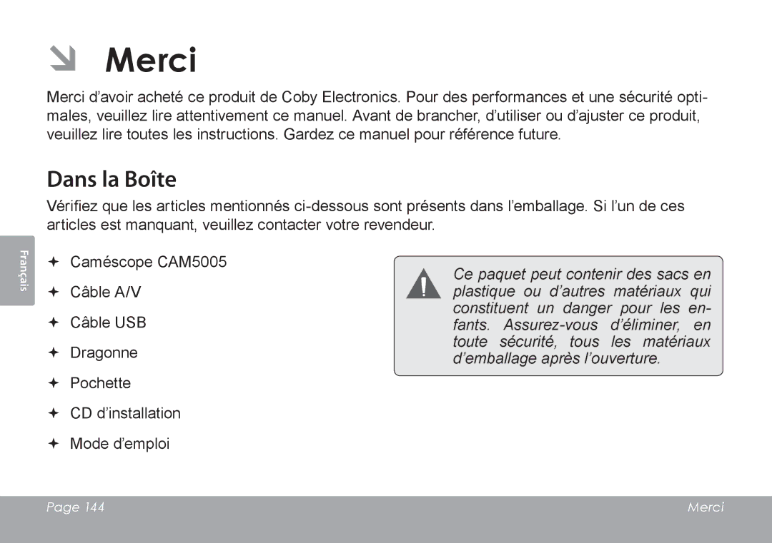 COBY electronic CAM4505 instruction manual ÂÂ Merci, Dans la Boîte 