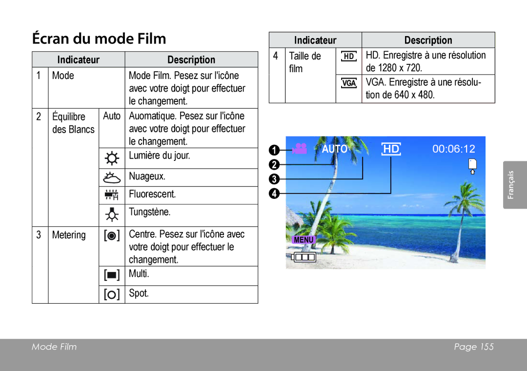 COBY electronic CAM4505 instruction manual Écran du mode Film, Indicateur Description 