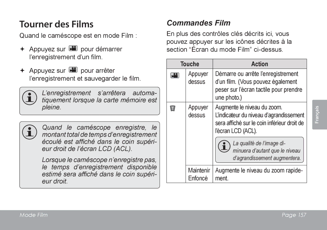 COBY electronic CAM4505 instruction manual Tourner des Films, Touche Action 