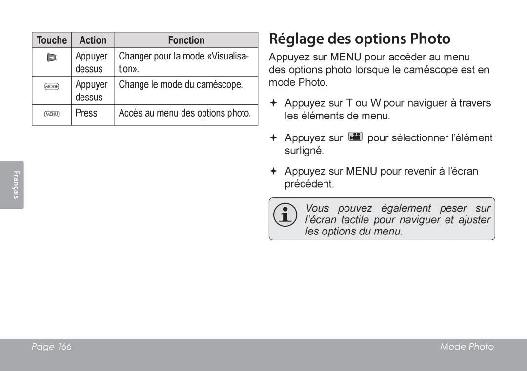 COBY electronic CAM4505 instruction manual Réglage des options Photo 