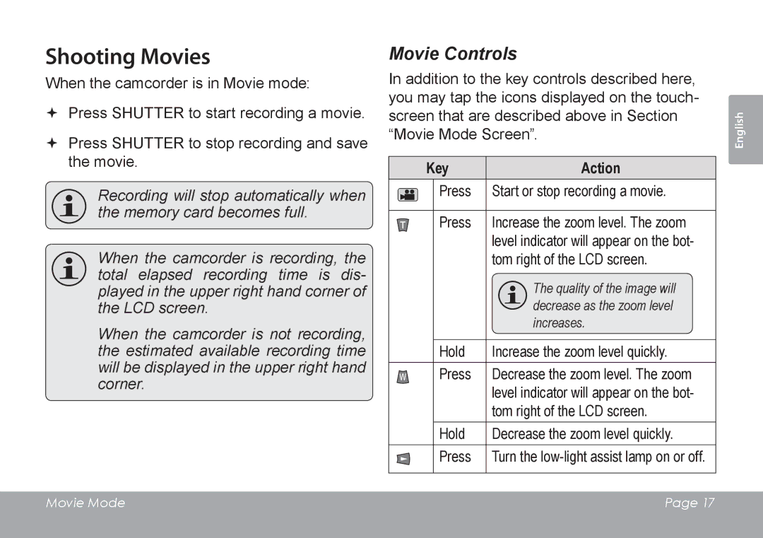 COBY electronic CAM4505 instruction manual Shooting Movies, Key Action 