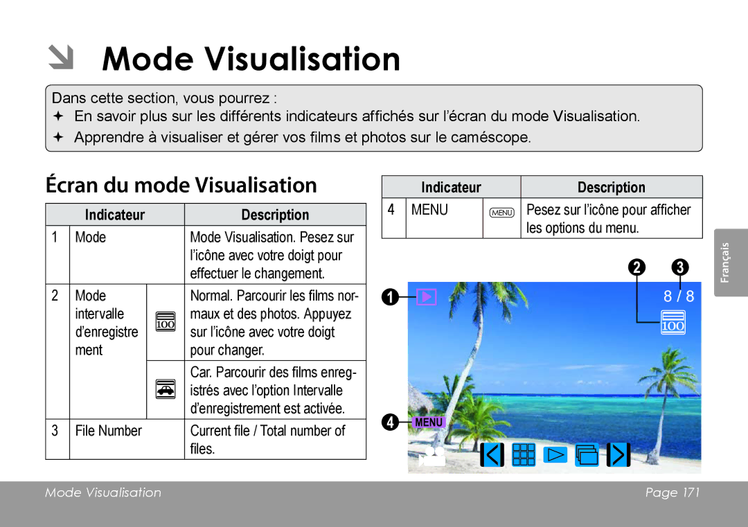 COBY electronic CAM4505 instruction manual ÂÂ Mode Visualisation, Écran du mode Visualisation 