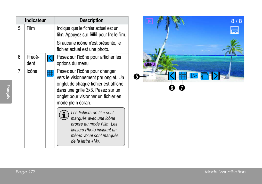 COBY electronic CAM4505 instruction manual Film Indique que le fichier actuel est un Film. Appuyez sur 