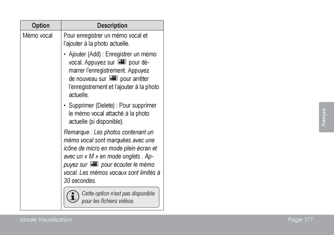 COBY electronic CAM4505 instruction manual Cette option n’est pas disponible pour les fichiers vidéos 