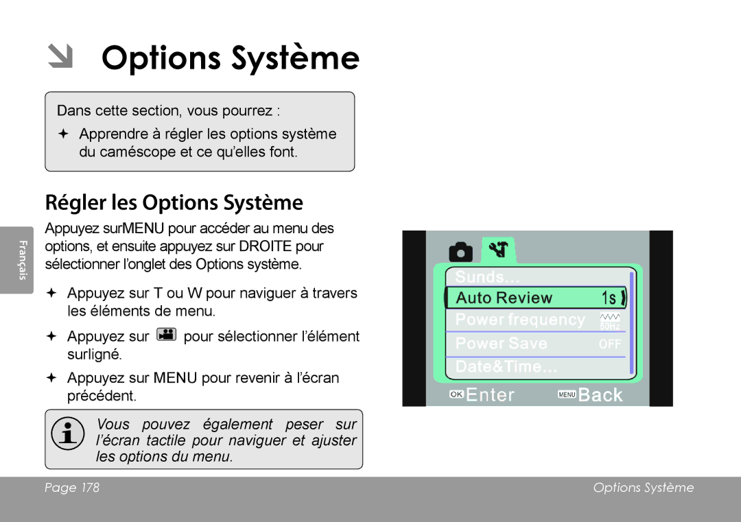 COBY electronic CAM4505 instruction manual ÂÂ Options Système, Régler les Options Système 