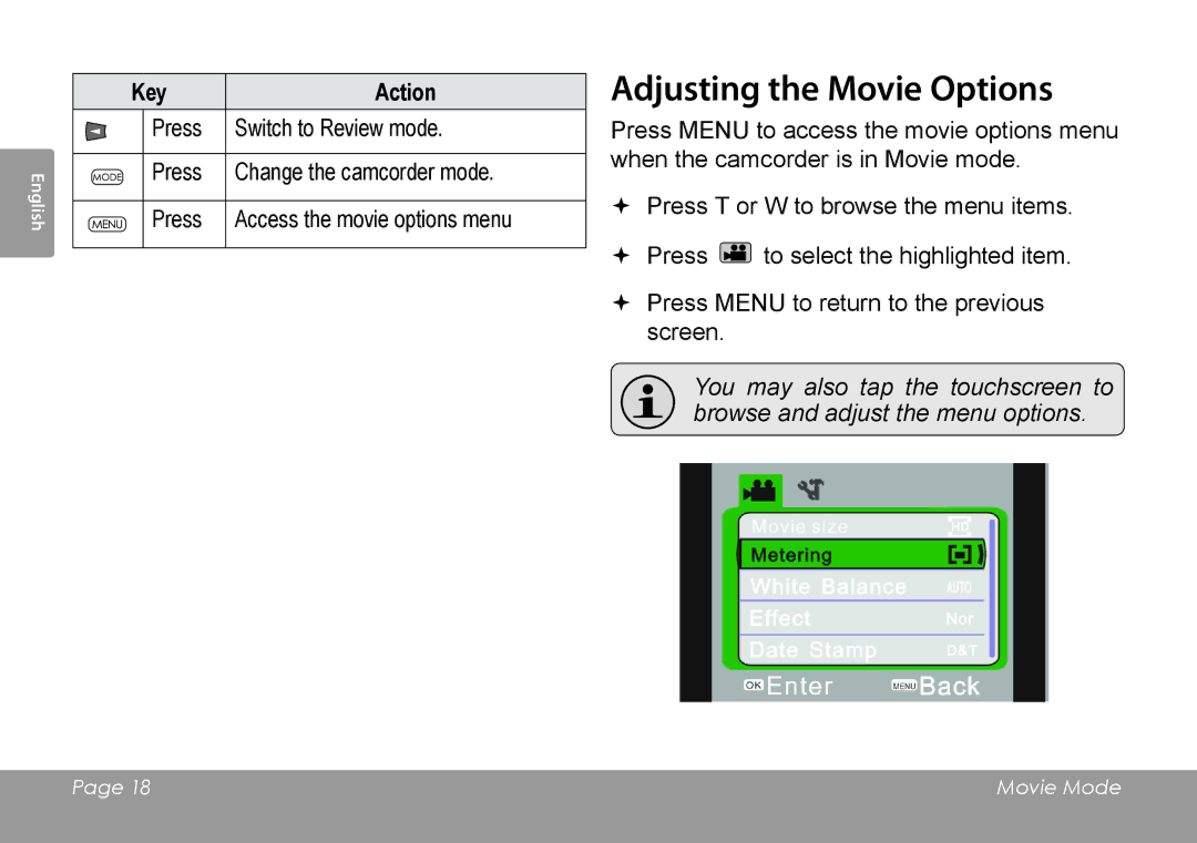 COBY electronic CAM4505 instruction manual Adjusting the Movie Options 