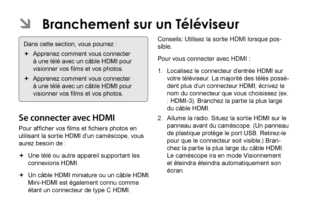 COBY electronic CAM4505 ÂÂ Branchement sur un Téléviseur, Se connecter avec Hdmi, Pour vous connecter avec Hdmi 