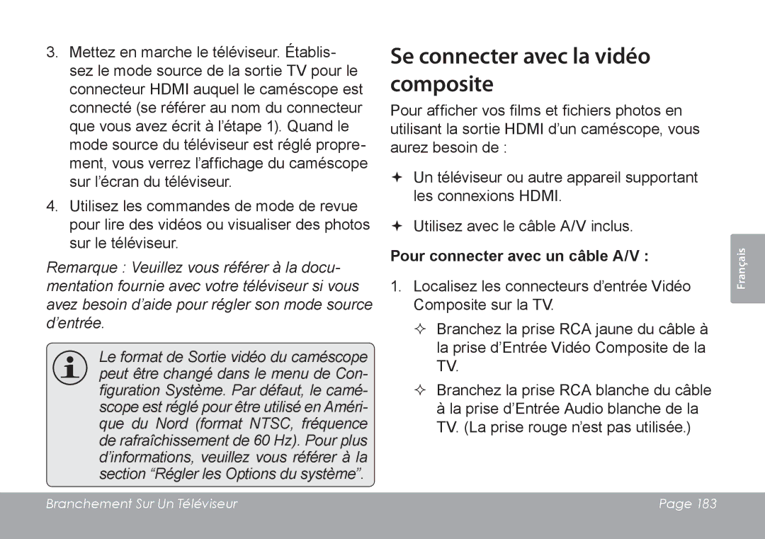 COBY electronic CAM4505 instruction manual Se connecter avec la vidéo composite, Pour connecter avec un câble A/V 