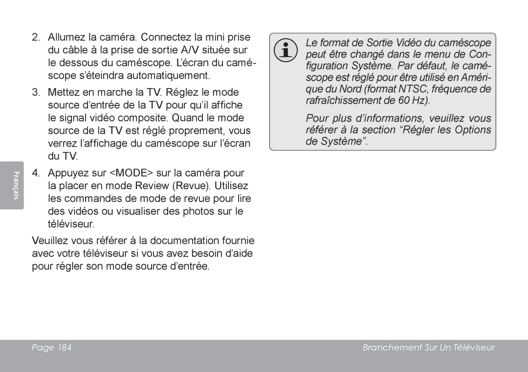 COBY electronic CAM4505 instruction manual Branchement Sur Un Téléviseur 