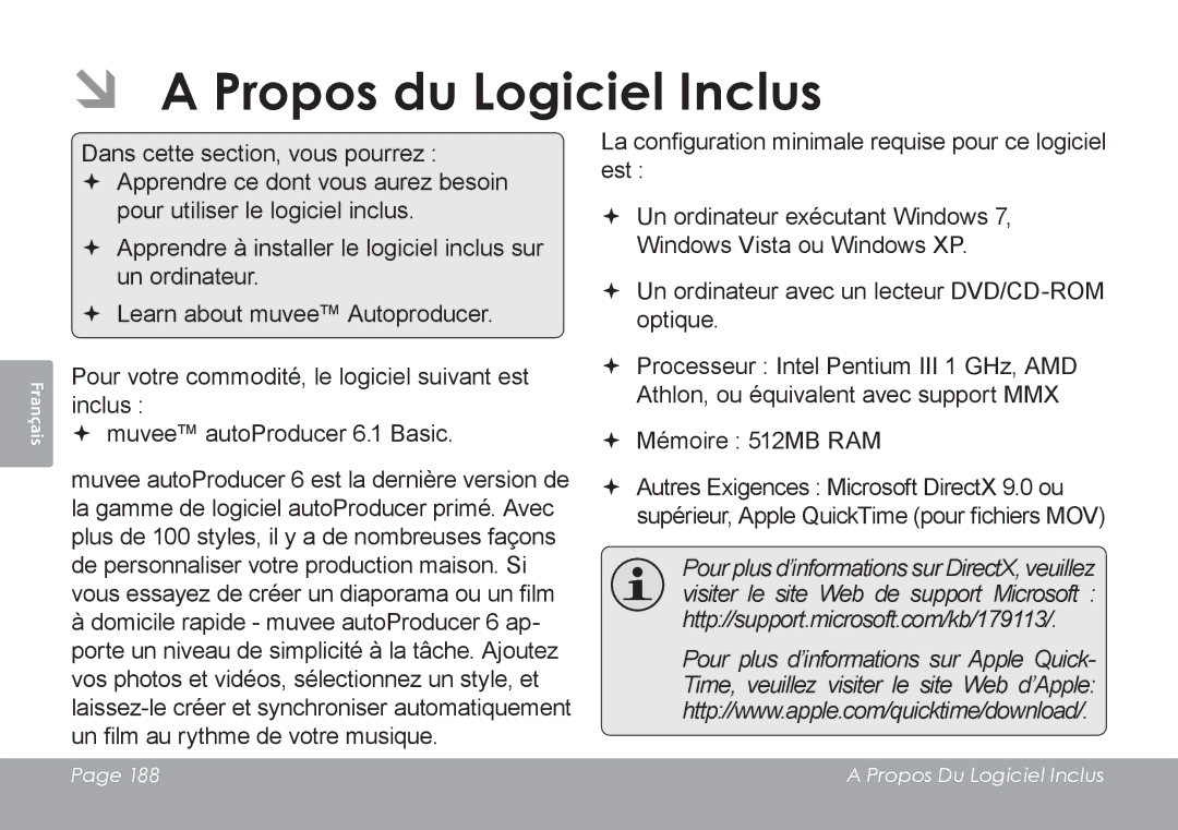 COBY electronic CAM4505 instruction manual ÂÂ a Propos du Logiciel Inclus 